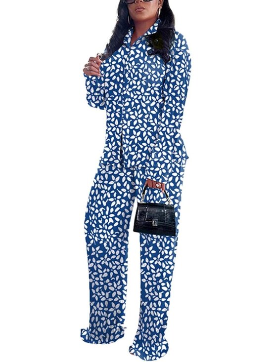 🆕Women's Blue Floral Casual 2 Piece Outfit Linen Long Sleeve Button Down Shirt - Picture 3 of 5